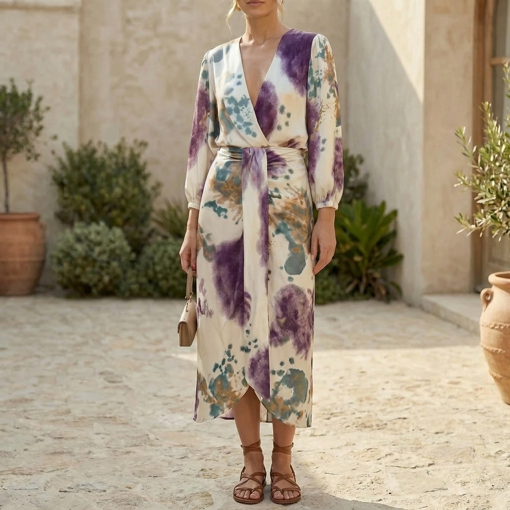 Women's tie-dye wrap dress with flattering V-neck, long sleeves, and adjustable tie waist for a bohemian, flowy look.