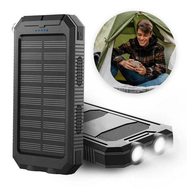 "High-capacity waterproof dual USB solar charger with LED lights; 500,000mAh power bank; compact; for outdoor use."