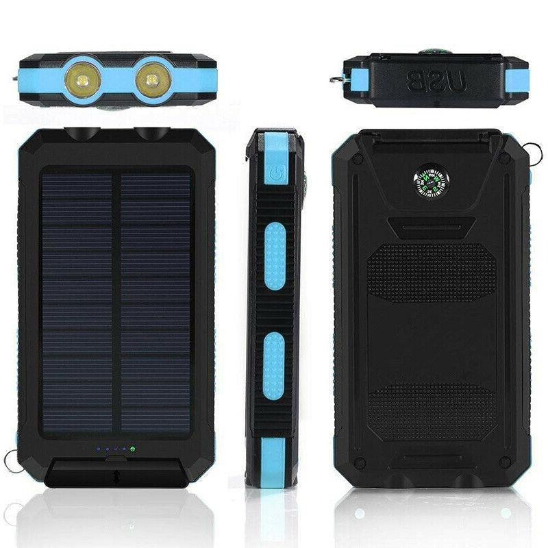"High-capacity waterproof dual USB solar charger with LED lights; 500,000mAh power bank; compact; for outdoor use."