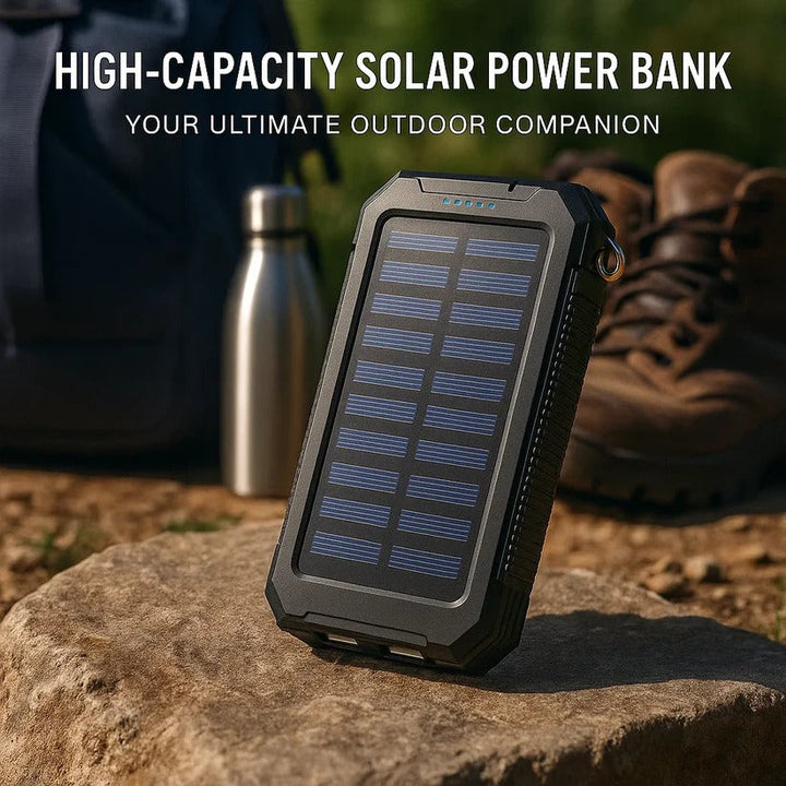 "High-capacity waterproof dual USB solar charger with LED lights; 500,000mAh power bank; compact; for outdoor use."