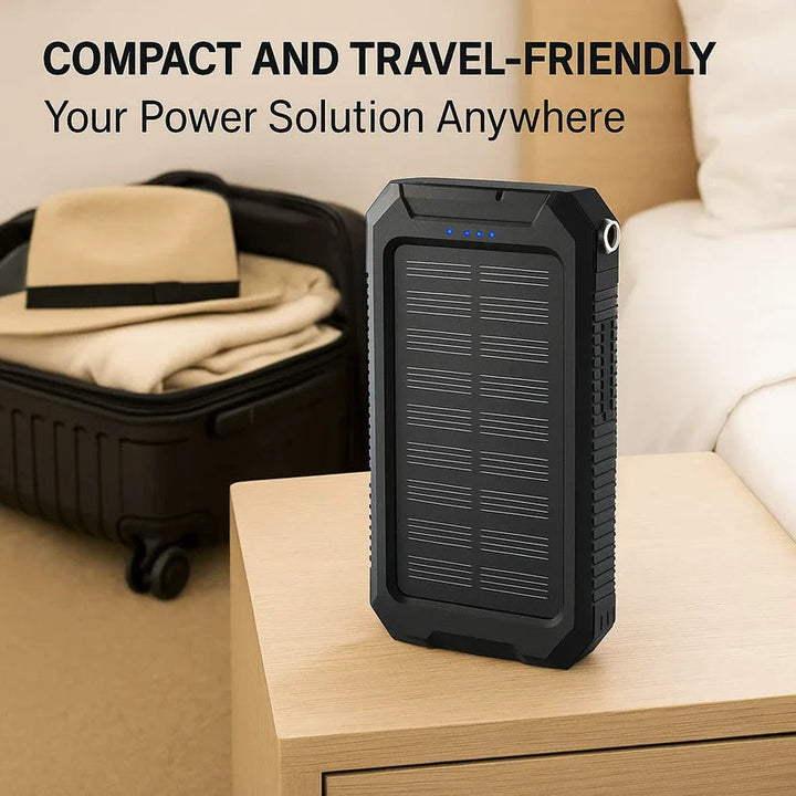 "High-capacity waterproof dual USB solar charger with LED lights; 500,000mAh power bank; compact; for outdoor use."