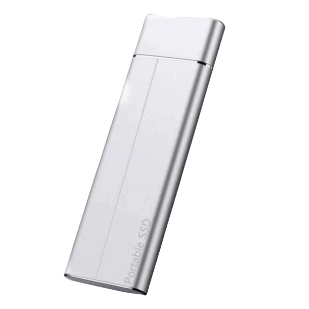 Sleek portable SSD external storage for data transfer. 64GB, high-speed solid state drive, essential tech accessory.