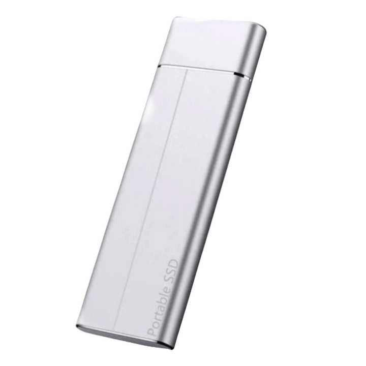 Sleek portable SSD external storage for data transfer. 64GB, high-speed solid state drive, essential tech accessory.