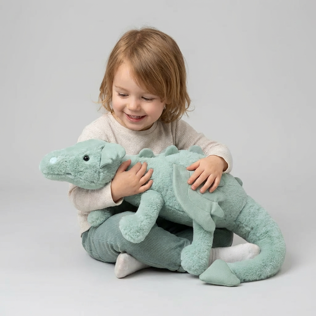 Adorable fantasy plush dragon, a cuddly comfort toy and soft playmate for kids' imaginative adventures.