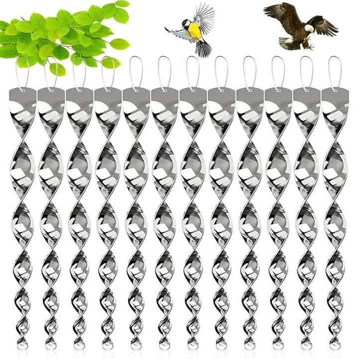 Humane reflective spiral bird repeller rod for outdoor garden and patio. Deters sparrows and pigeons effectively.
