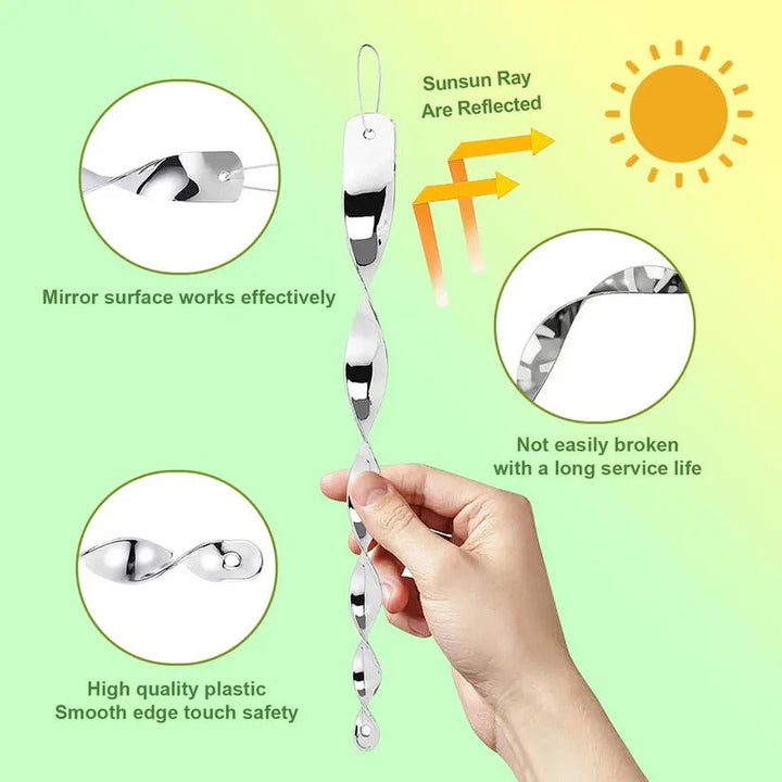 Reflective bird deterrent spiral rod for humane pest control in gardens. Protects fruits and vegetables from birds.