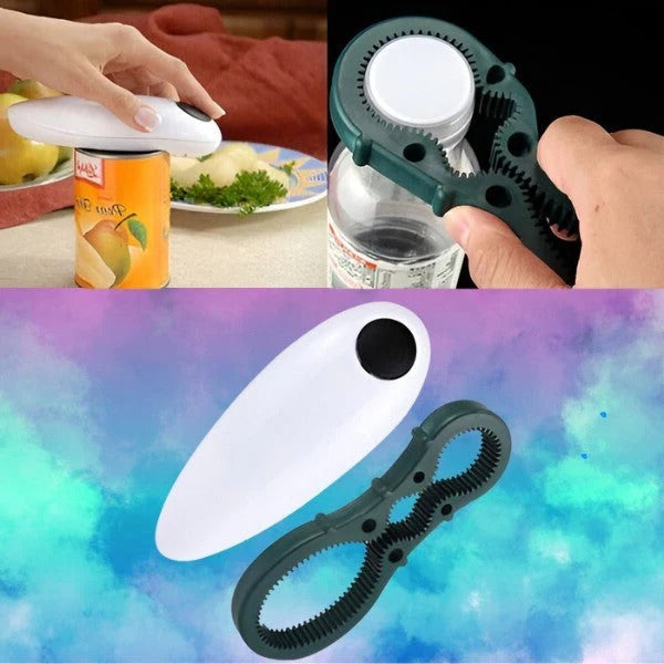 Multi-tool electric opener for cans, bottles, and jars; an essential hands-free kitchen gadget.
