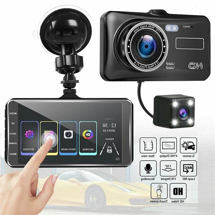 Wide-angle Dual View Full HD car camera with G-sensor & loop recording for reliable driving evidence.