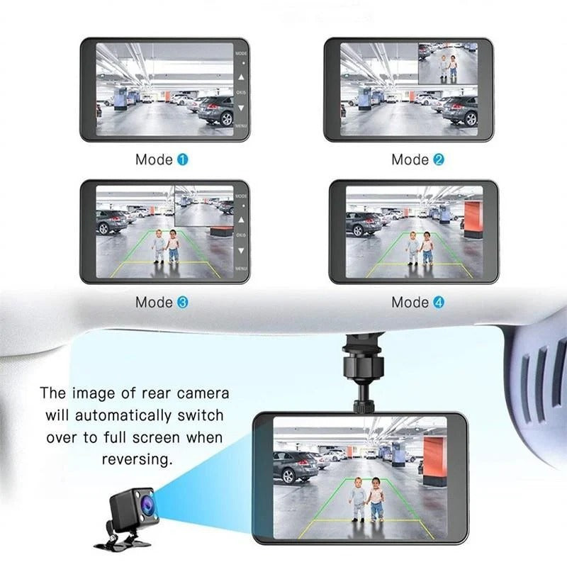 Driving recorder: Dual View Full HD car dash cam with 4-inch display ensures complete vehicle security.