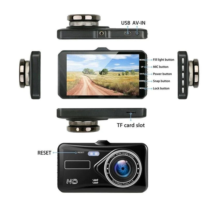 Front & rear views captured by Dual View Full HD car camera with wide angle lens & G-sensor.