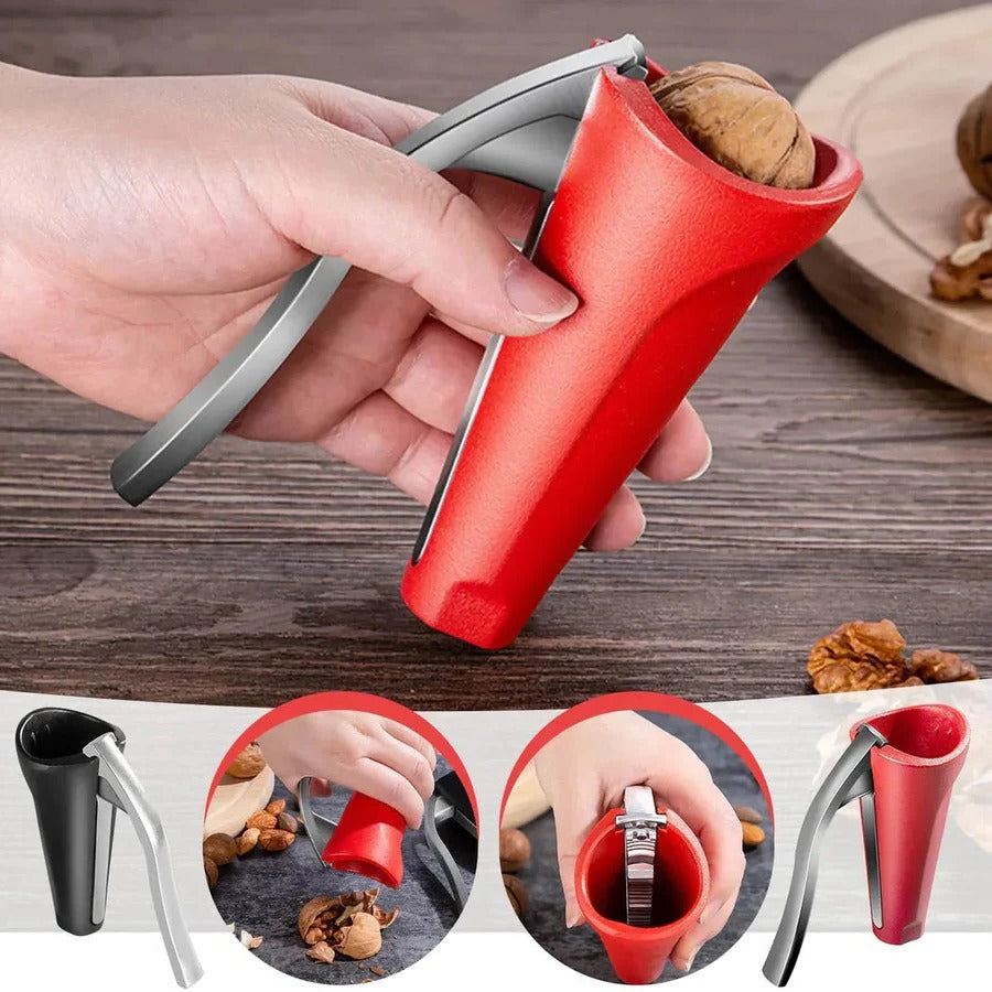 Durable stainless steel nutcracker with ergonomic non-slip handles, perfect for opening nuts easily in the kitchen.