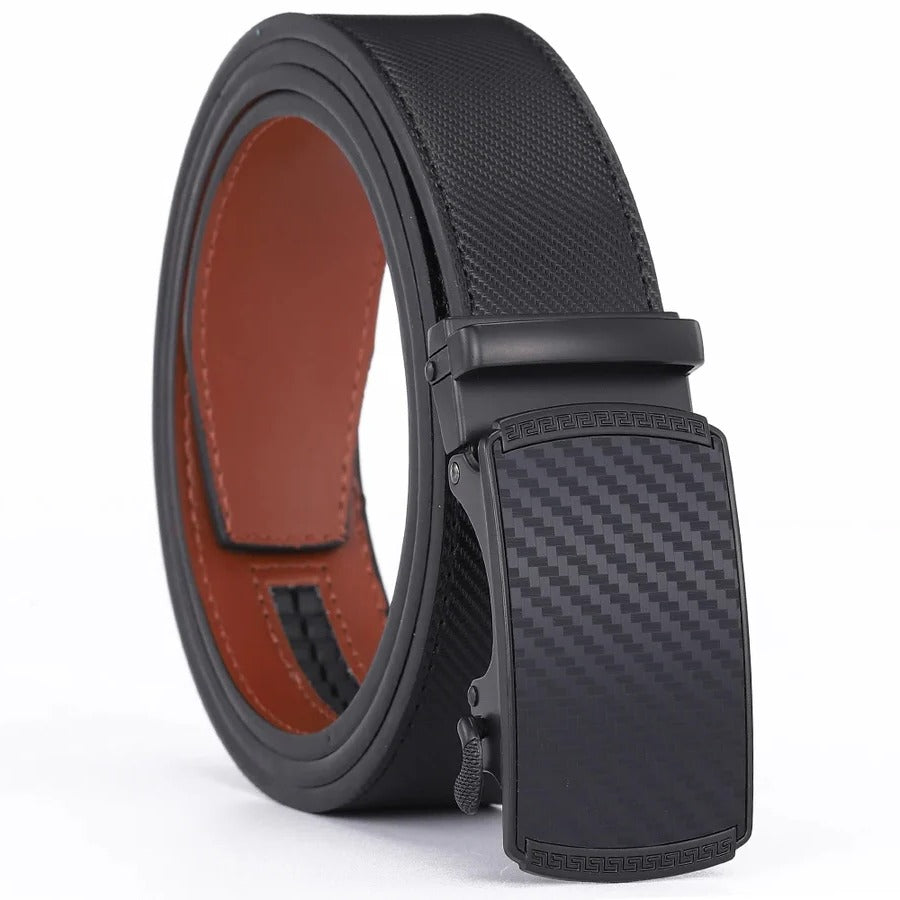 Adjustable men's leather belt featuring a durable automatic slide buckle for a precision fit.