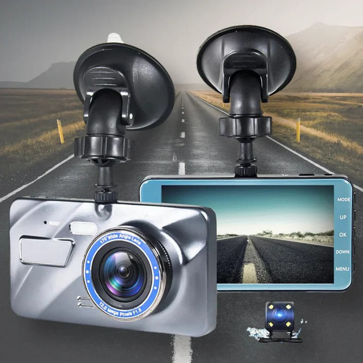 Dual 1080p HD car dash cam with front & rear cameras, night vision, and G-sensor for vehicle security.