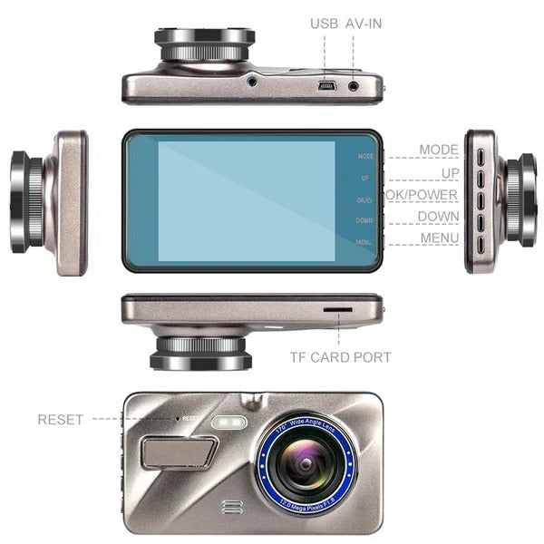 Front & rear 1080p HD dash cam for cars, featuring night vision, loop recording, and motion detection.