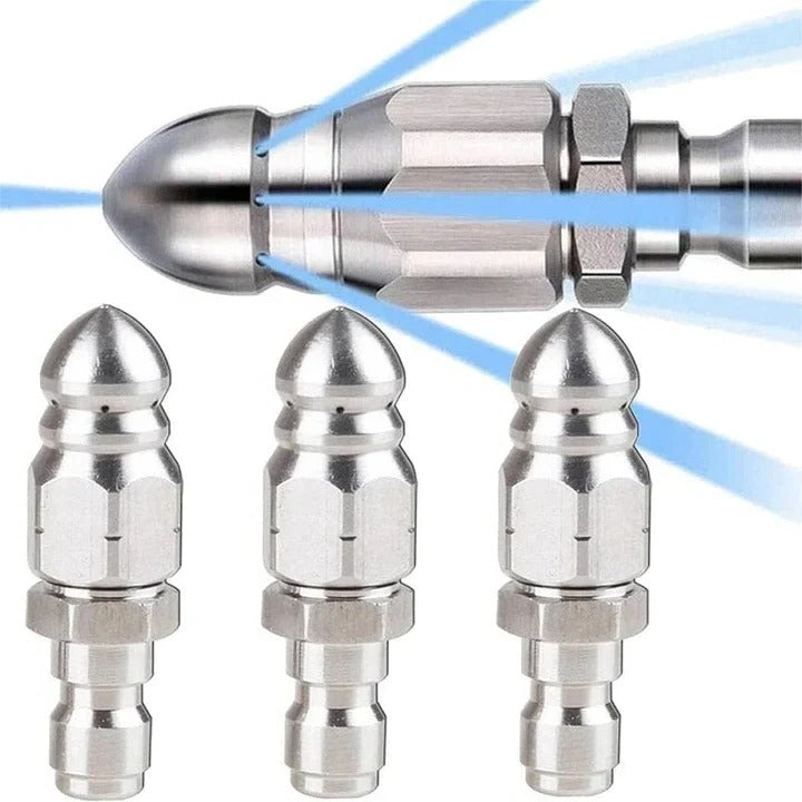 Commercial-grade sewer jetter nozzle for pressure washer, powerful water jet for drainage & plumbing clog removal.