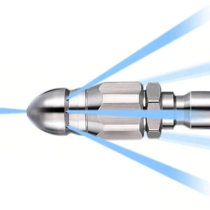 High-pressure stainless steel nozzle for sewer jetter, ideal for power washer pipe cleaning & home use clog removal.