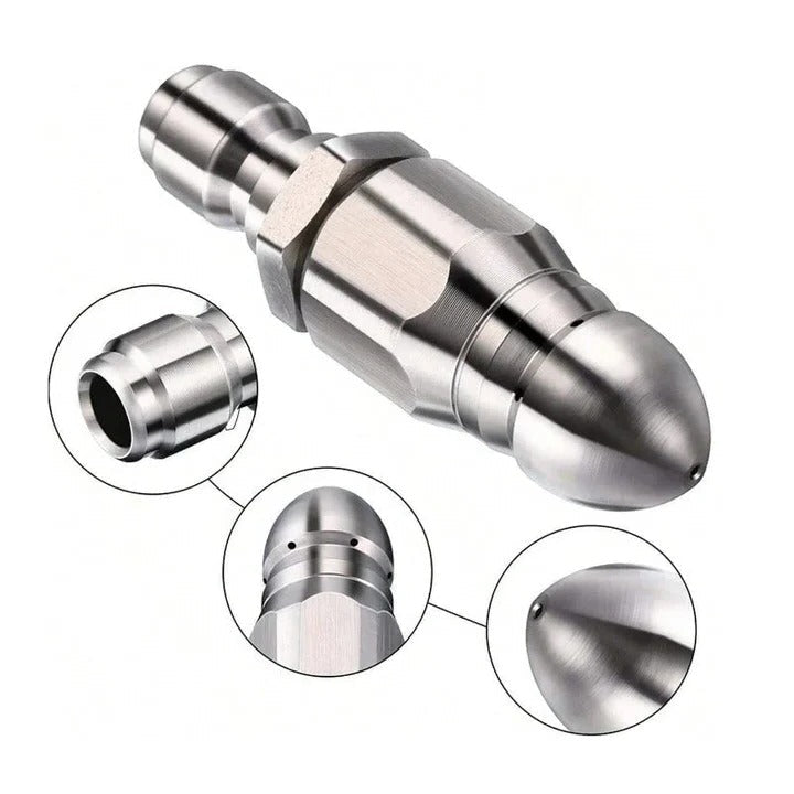 Efficient sewer jetter nozzle for power washer, quickly clears drainage clogs with powerful high-pressure water jet.