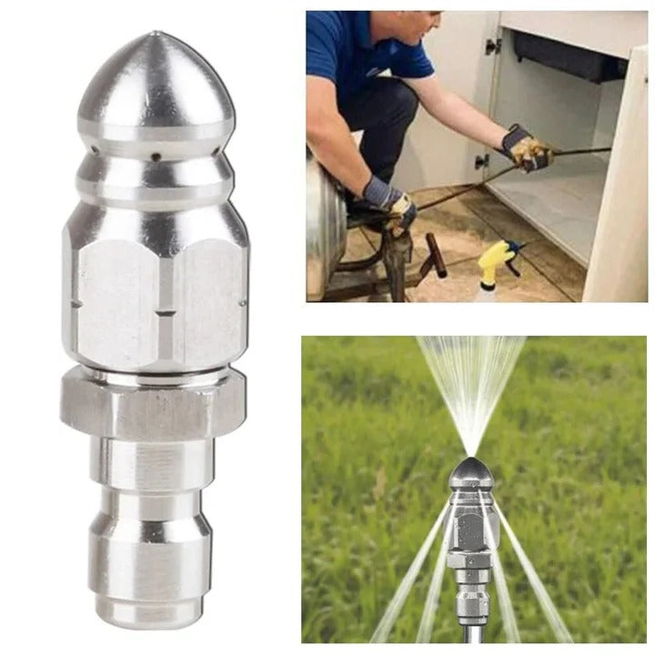 Durable stainless steel sewer jetter nozzle, connects to power washer for high-pressure pipe & drain cleaning, removes clogs.