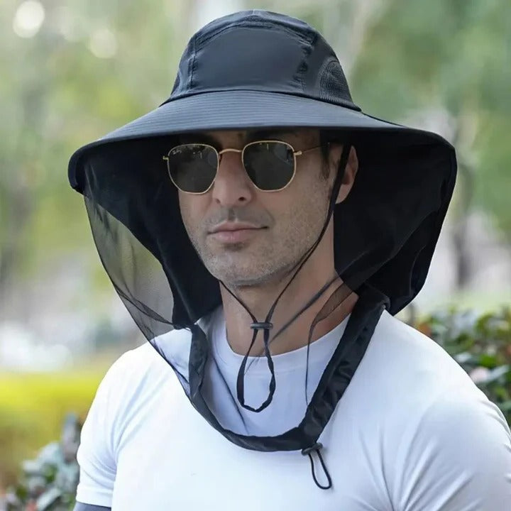 Unisex wide brim outdoor hat for sun and insect protection. Ideal for hiking, fishing, camping with UV shield & neck flap.