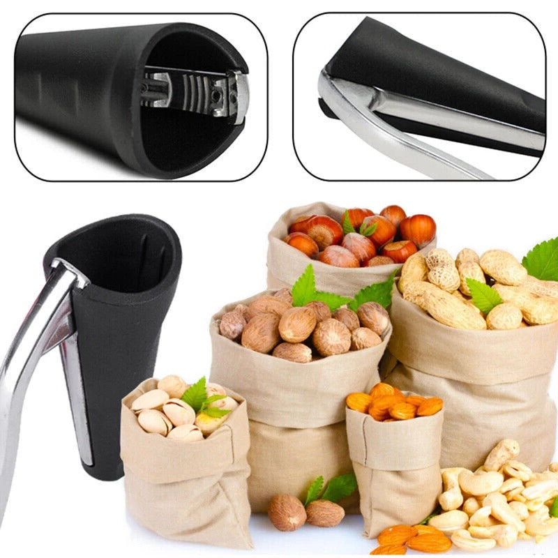 Heavy-duty stainless steel nutcracker, an essential kitchen utensil with comfortable non-slip handles for secure nut cracking.