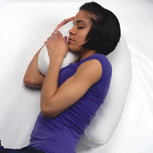 Unisex side sleeper pillow featuring an ear hole & memory foam for optimal neck support & pressure relief. Comfort.