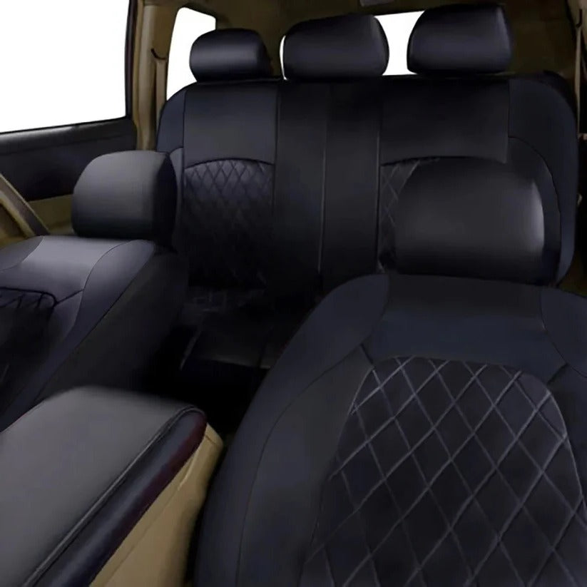 Close-up: Texture of waterproof PU leather 5-seat car seat cover, ideal for SUVs & trucks.