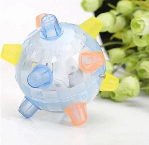 Dynamic interactive dog ball, an automatic jumping pet toy encouraging healthy exercise and reducing boredom.