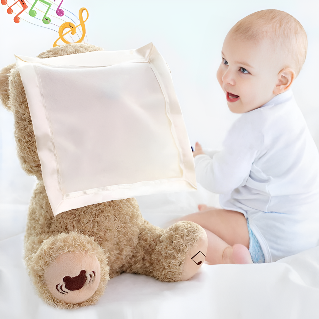 Interactive peek-a-boo bear plush toy delighting baby; soft, huggable stuffed animal for toddlers, developmental fun.