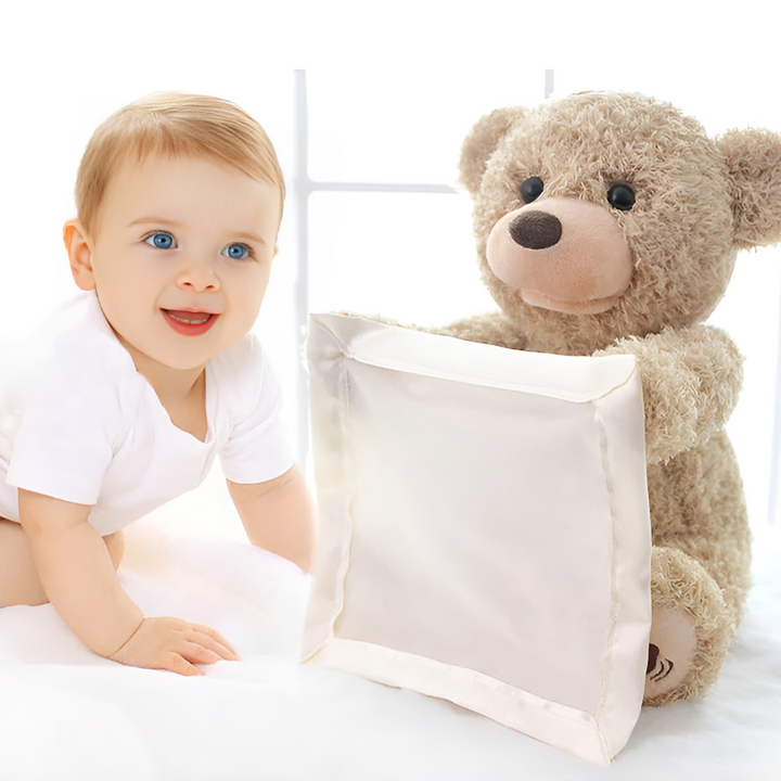 Soft plush peek-a-boo bear, interactive baby & toddler toy. Huggable stuffed animal, perfect developmental gift for kids.