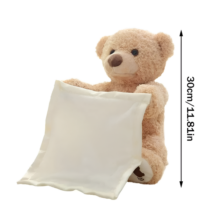 Cute interactive peek-a-boo plush bear, a soft stuffed animal designed for baby & toddler fun and early development.