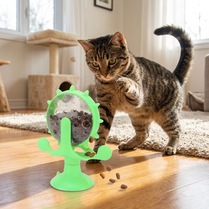Interactive pet slow feeder windmill toy for dogs & cats. Dispenses treats, promotes mental stimulation & enrichment.