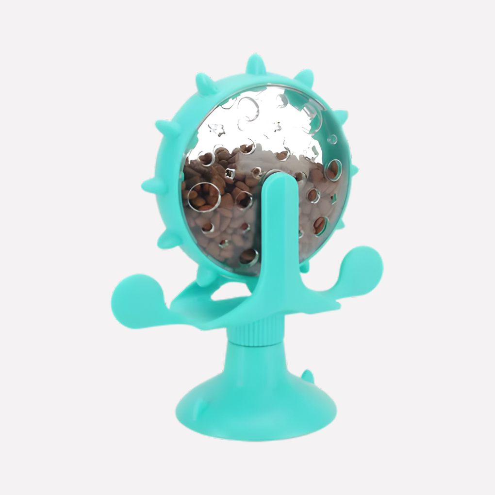 Puzzle slow feeder pet toy windmill. Engages dogs & cats, providing mental enrichment and controlled feeding.