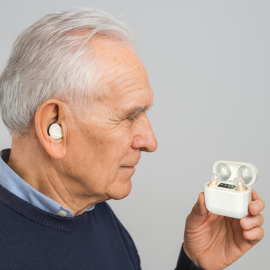 Invisible in-ear hearing amplifier with digital display for discreet sound enhancement. Unisex, comfortable, rechargeable.
