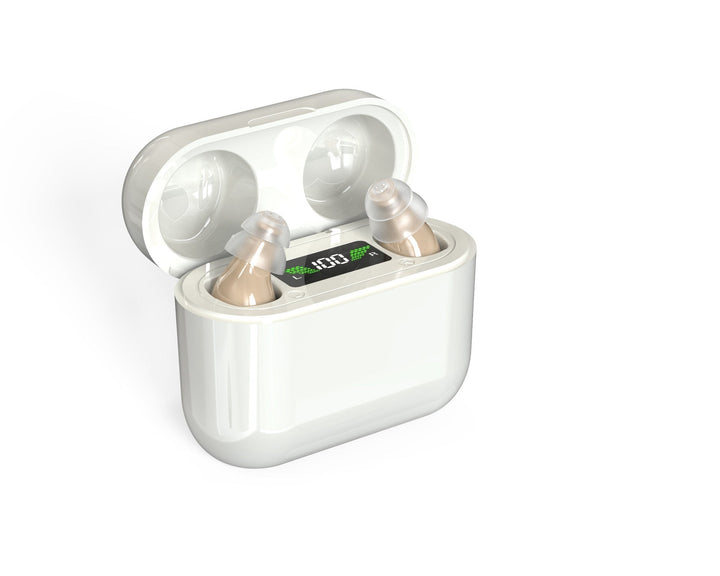 Discreet unisex in-ear hearing aid amplifier. Rechargeable for personal sound enhancement & comfortable audio support.