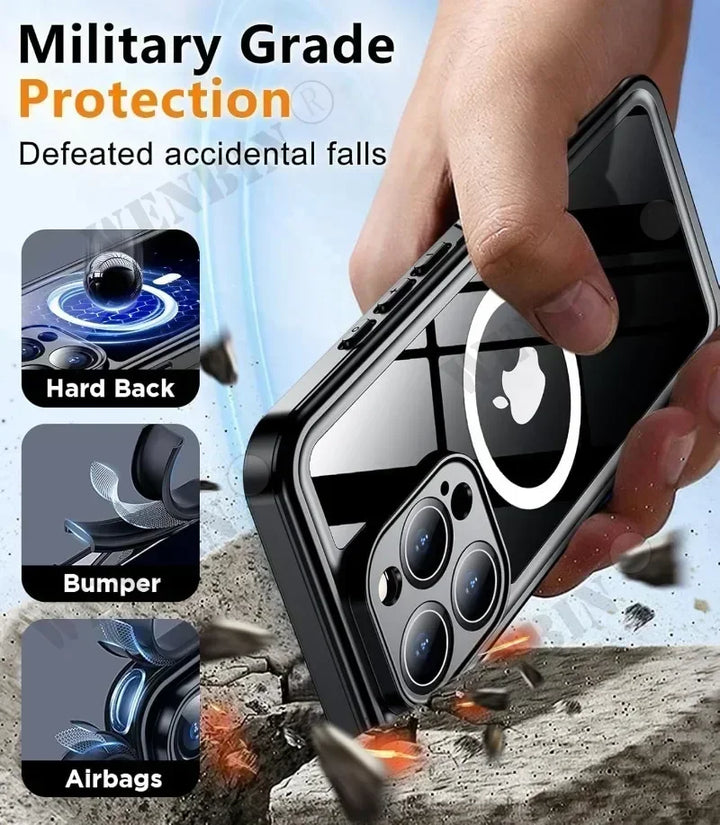 Rugged, shockproof full-body iPhone diving case with strong magnetic fit. Perfect for outdoor adventures & underwater protection.
