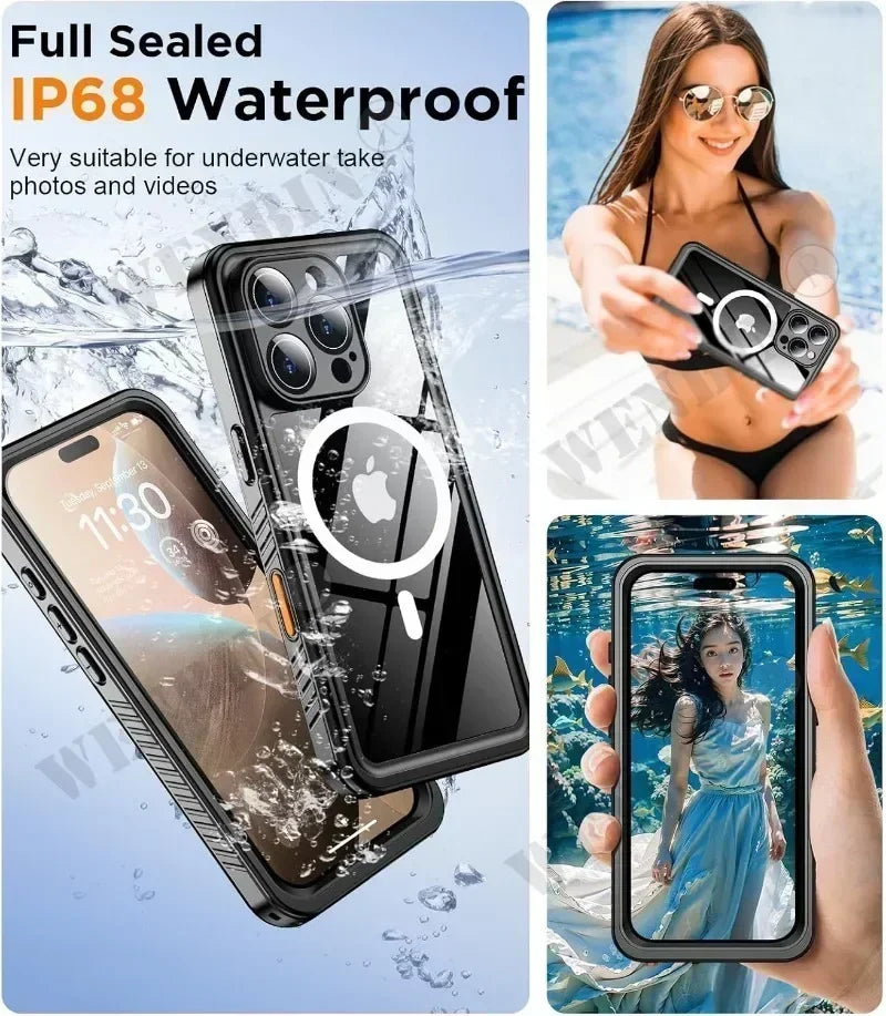 Durable IP68 waterproof full-body iPhone case. Magnetic seal ensures ultimate protection for diving, swimming & outdoor activities.