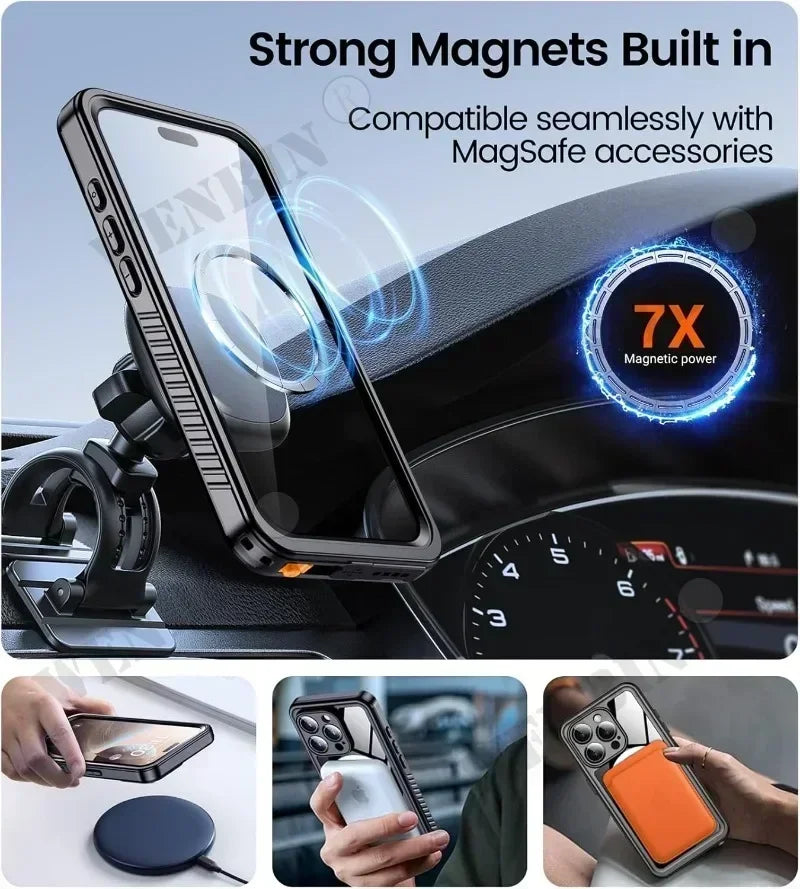 Sleek full-body magnetic iPhone case offering IP68 waterproofing, shockproof protection & clear screen for active users.