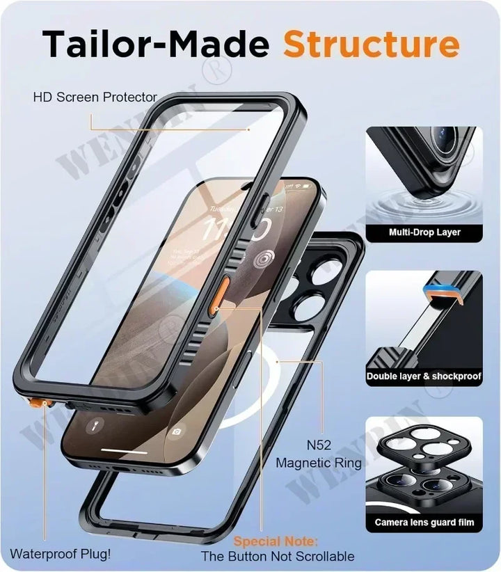 Waterproof iPhone diving case with strong magnetic fit, ensuring complete protection for underwater photography & extreme sports.