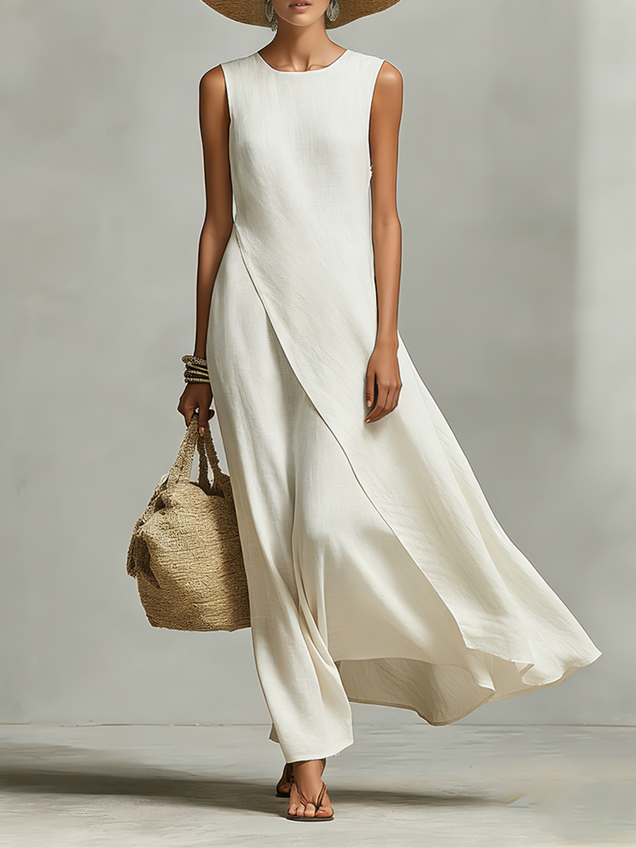 Ivory women's sleeveless maxi dress with a flowy, asymmetric hem for elegant summer or resort wear.