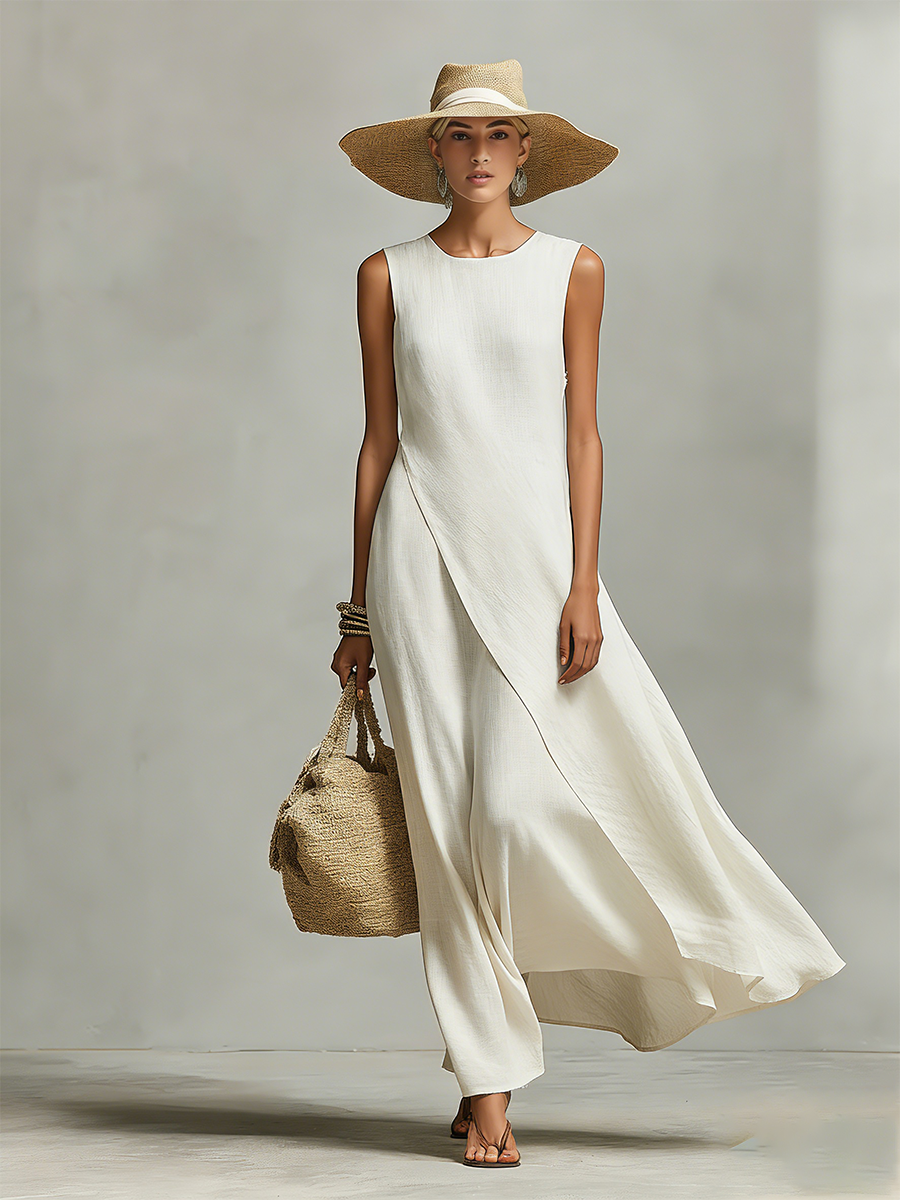 Flattering ivory flowy maxi dress for women, perfect for casual summer outings, travel, or resort wear.