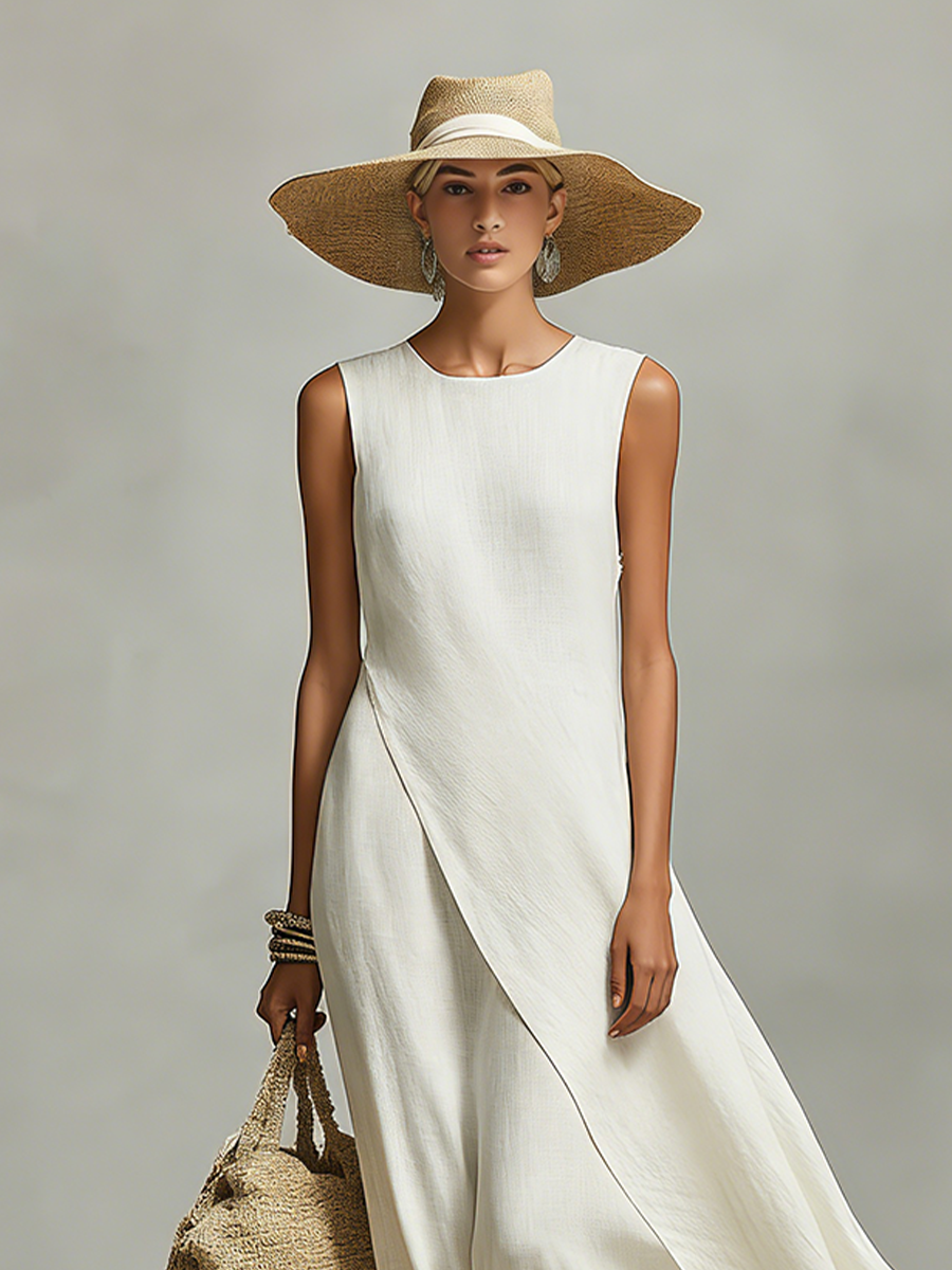 Women's elegant ivory sleeveless dress, featuring a chic asymmetric hem, ideal for summer and resort travel.