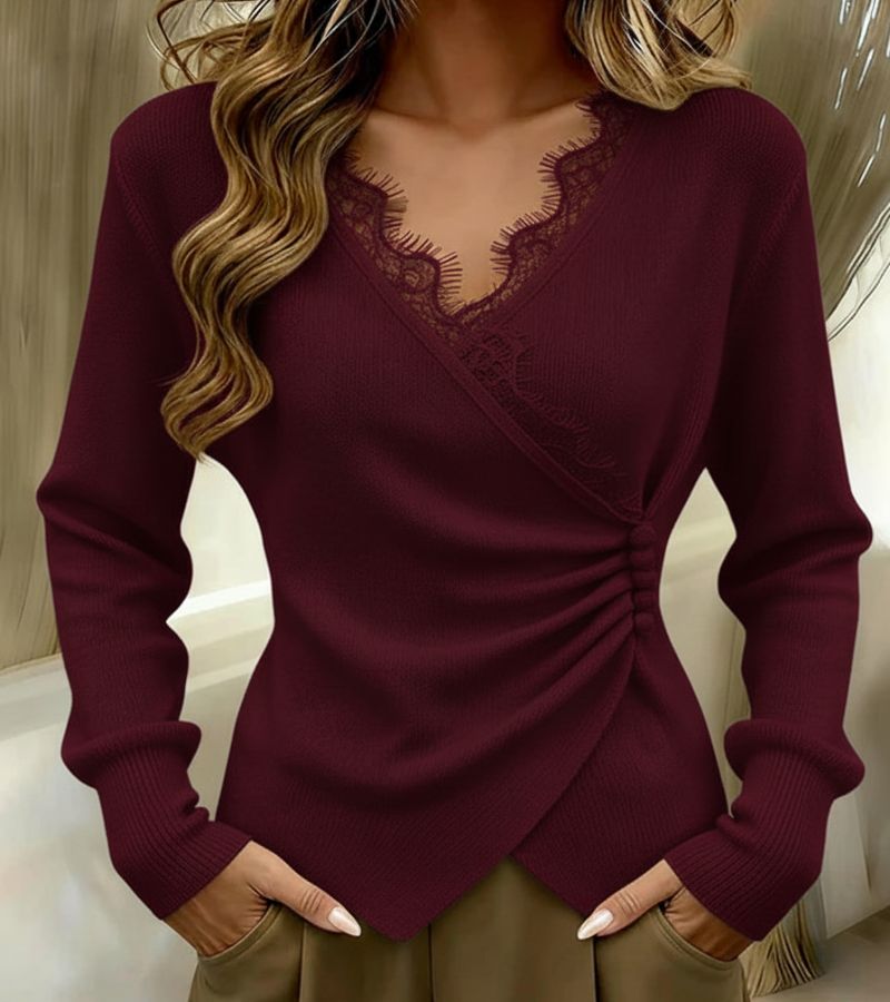Stylish women's wrap blouse featuring long sleeves, elegant lace trim, and a flattering V-neck design.