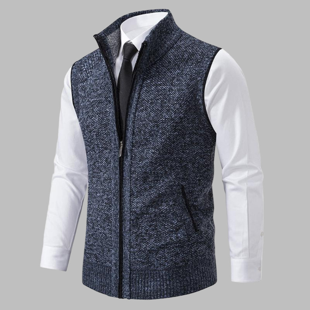 Men's classic zip-up knitted vest, perfect for timeless layering. Smart casual men's fashion.