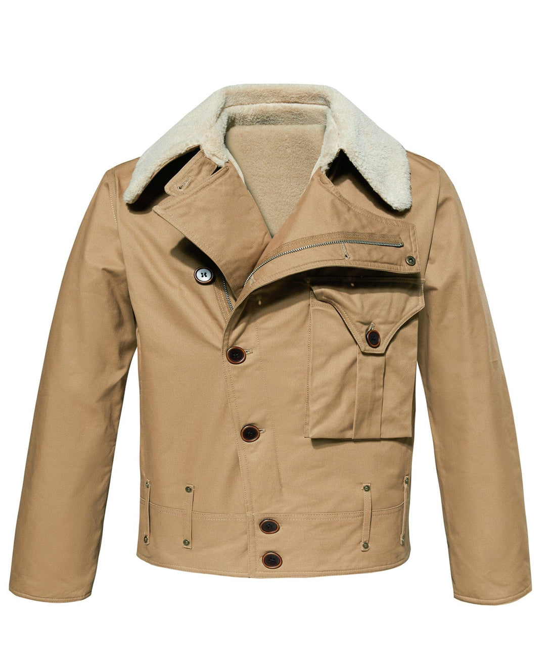 Back view of men's army green rugged canvas aviator jacket, casual style