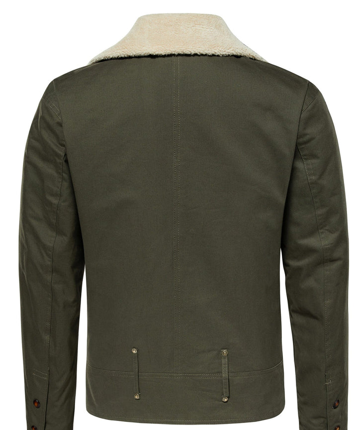 Men's rugged khaki aviator jacket, open front, highlighting inner lining