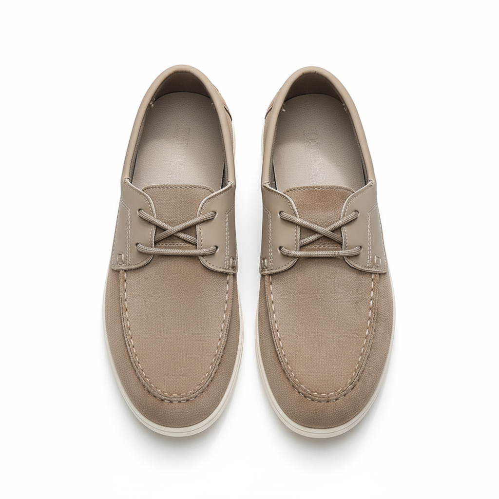 Top-down view of men's urban comfort suede slip-on shoes, ready for easy casual wear