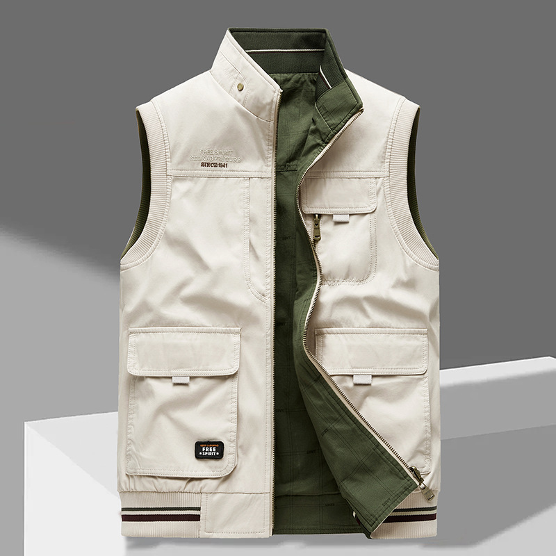 Beige unisex multi-pocket utility vest, perfect for outdoor activities & work, durable cotton
