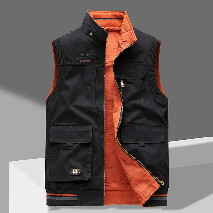 Black unisex breathable cotton utility vest, multi-pocket design for outdoor adventures & casual wear