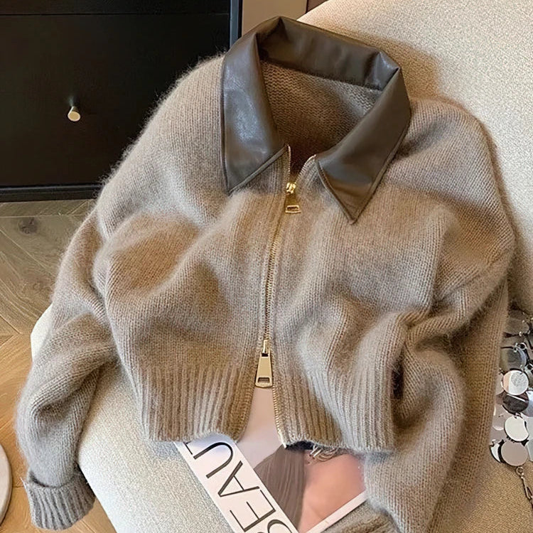 Classic khaki women's cable knit cardigan with full zip, perfect for layering