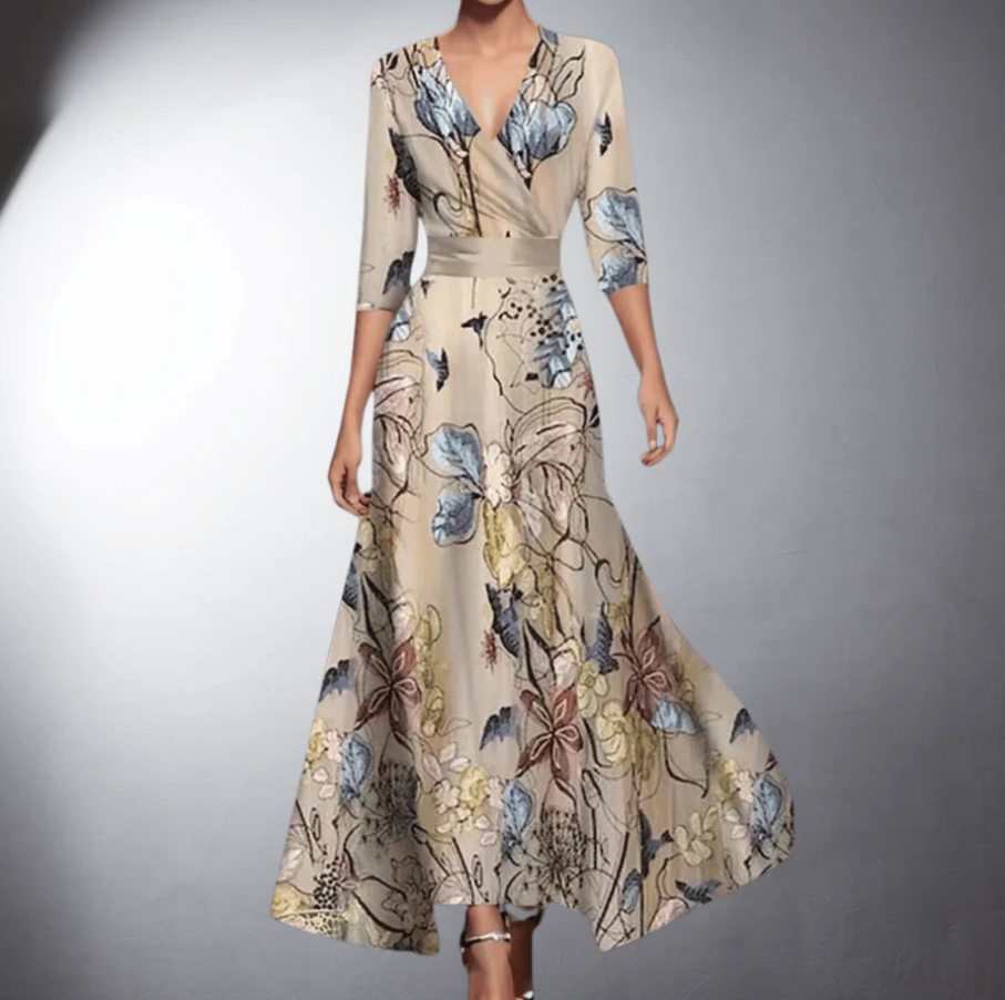 Khaki women's V-neck wrap maxi dress with three-quarter sleeves, ideal for elegant summer or casual spring wear.